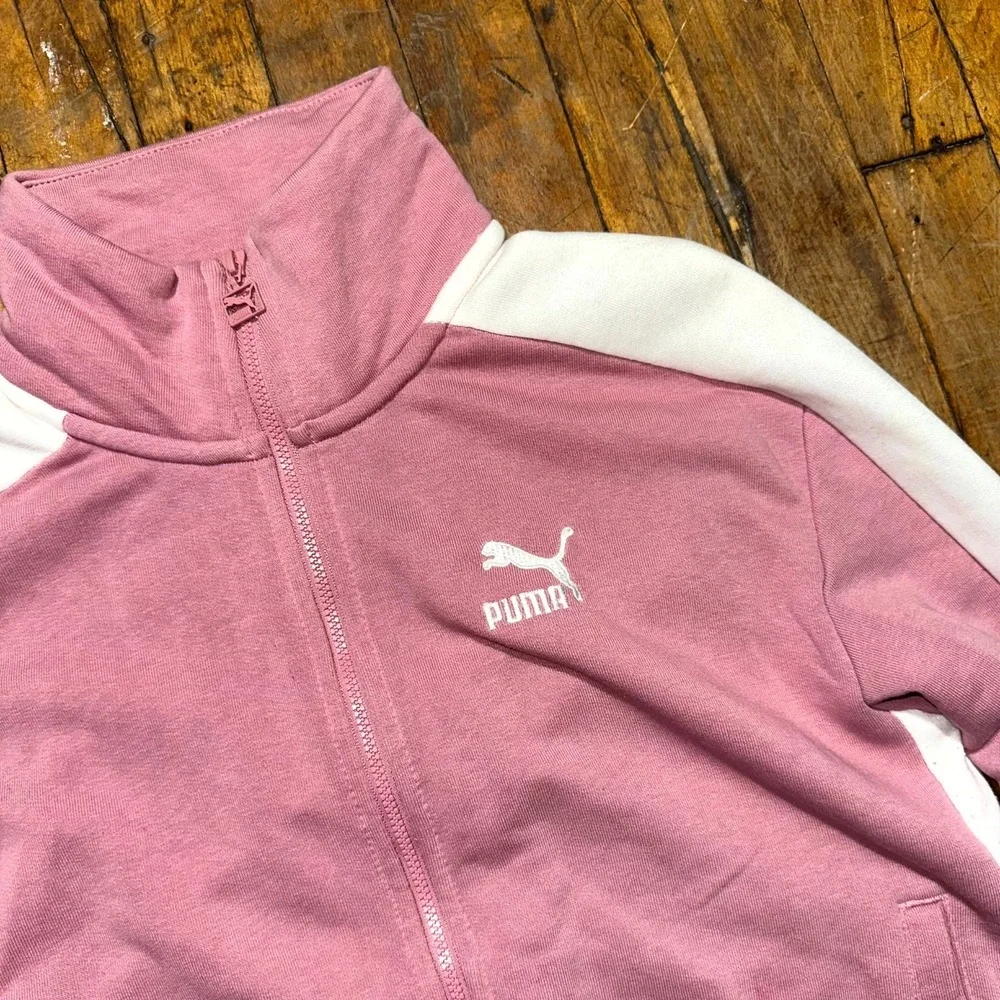 Puma Track Jacket Womens Medium Pink White Embroidered Logo Long Sleeve Full Zip